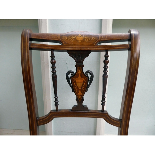 13 - A set of four Edwardian string inlaid, marquetry mahogany dining chairs with later fabric upholstere... 