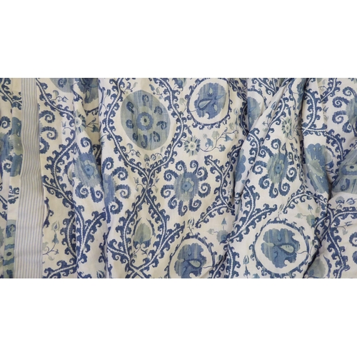 131 - Curtains: to include four, decorated in blue and beige flora  approx. size 93