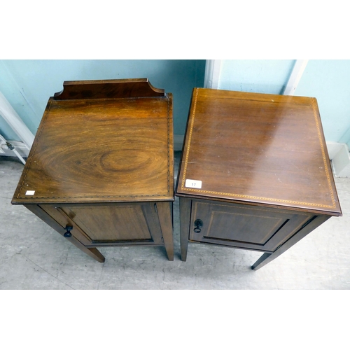 17 - Two similar Edwardian, string and ebony inlaid, mahogany bedside single door cabinets, raised on squ... 