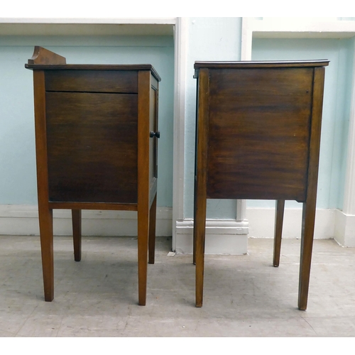 17 - Two similar Edwardian, string and ebony inlaid, mahogany bedside single door cabinets, raised on squ... 