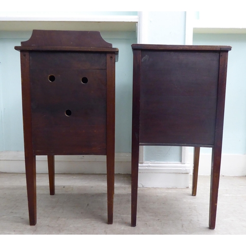 17 - Two similar Edwardian, string and ebony inlaid, mahogany bedside single door cabinets, raised on squ... 