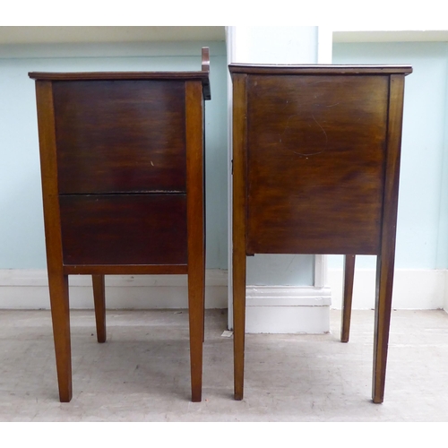 17 - Two similar Edwardian, string and ebony inlaid, mahogany bedside single door cabinets, raised on squ... 