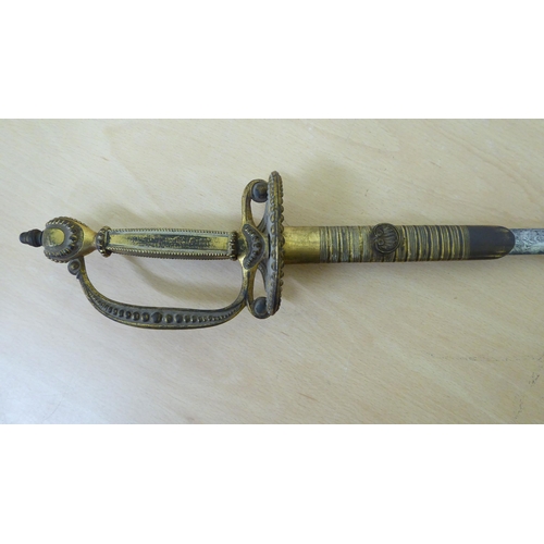 170 - A late 18thC court sword with a gilt metal handle and an engraved blade  31