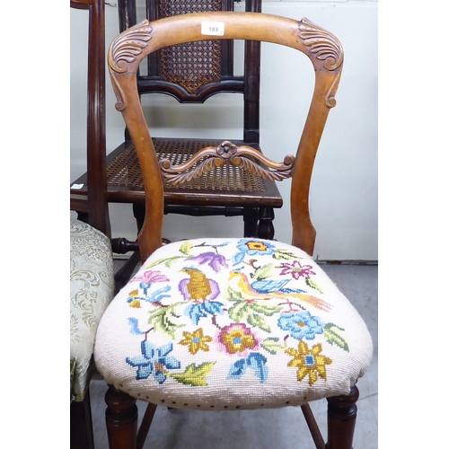 189 - A 19thC style mahogany framed, woven cane panelled side chair; a late Victorian satin mahogany ballo... 