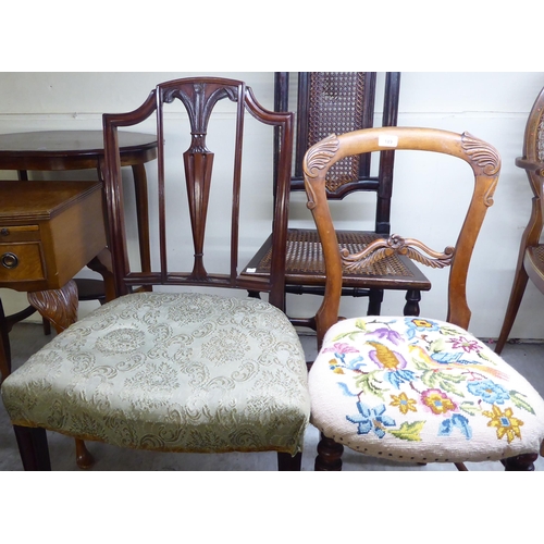 189 - A 19thC style mahogany framed, woven cane panelled side chair; a late Victorian satin mahogany ballo... 