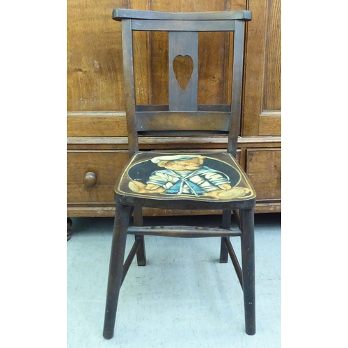 191 - A modern mahogany finished chapel chair with a painted seat, fashioned as a Teddy bear