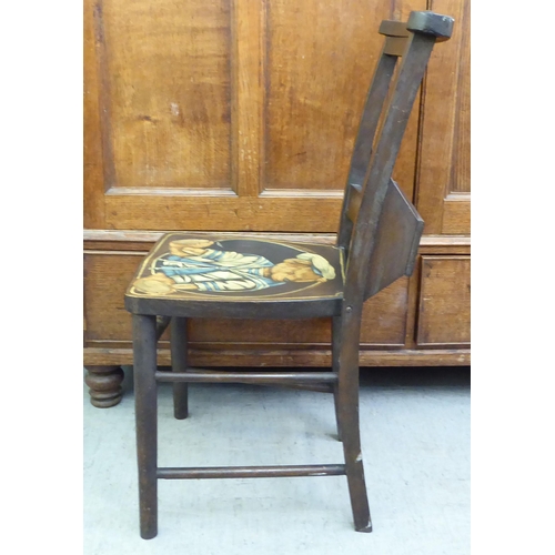 191 - A modern mahogany finished chapel chair with a painted seat, fashioned as a Teddy bear