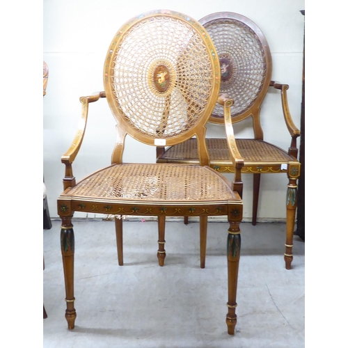 194 - A pair of Edwardian style string inlaid and floral painted, mahogany framed chairs with floral paint... 