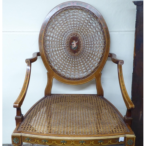 194 - A pair of Edwardian style string inlaid and floral painted, mahogany framed chairs with floral paint... 