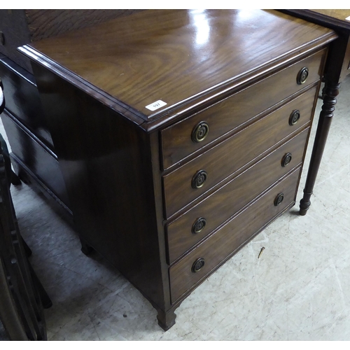 197 - A mid 19thC mahogany chest, comprising four graduated drawers with brass ring handles, raised on bra... 