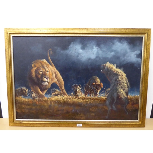 203 - A study of a lion, surrounded by hyenas  oil on canvas  bears an indistinct signature ... 