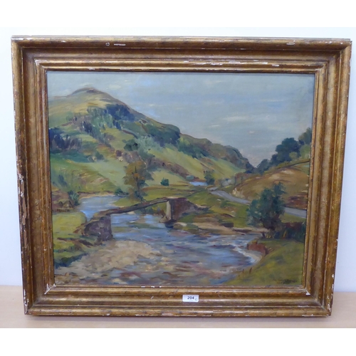 204 - Mary Gardiner - a winding stream, in a landscape setting  oil on canvas  bears a signature... 