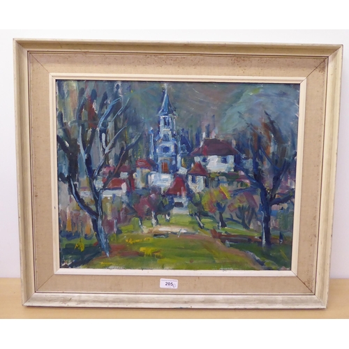 205 - Mary Gardiner - cliff village, Dordogne  oil on board  bears a signature  15