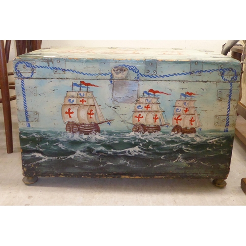 228 - An early 20thC handpainted pine chest, with a hinged lid, featuring nautical subjects  19