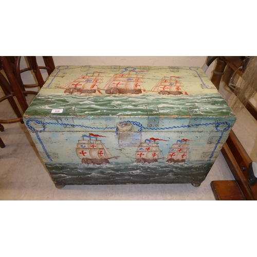 228 - An early 20thC handpainted pine chest, with a hinged lid, featuring nautical subjects  19