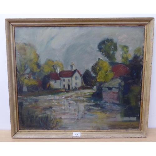 239 - Mary Gardiner - a study of a house by a river  oil on canvas  bears a signature  20