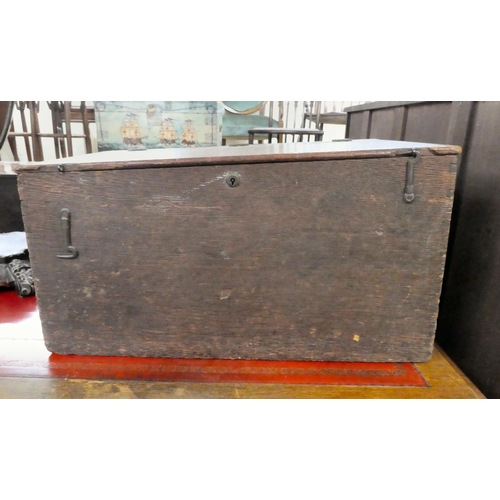 241 - A 19thC planked oak box with a hinged lid and brass catches  12