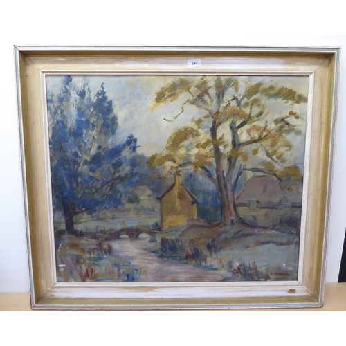 249 - Mary Gardiner - a study of a house by the river  oil on canvas  bears a signature  24... 