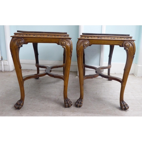 26 - A pair of modern Georgian reproduction, hardwood occasional tables with a stepped top, raised on cab... 