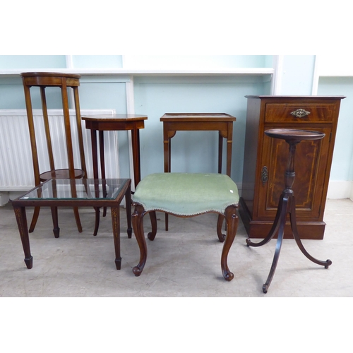 27 - Small, mainly Edwardian furniture: to include a string inlaid mahogany, two tier plant stand  38