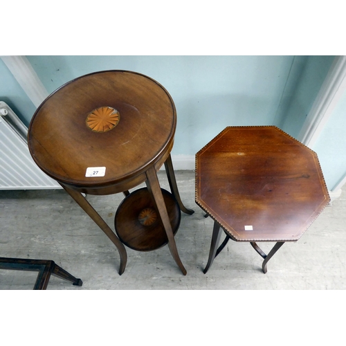 27 - Small, mainly Edwardian furniture: to include a string inlaid mahogany, two tier plant stand  38