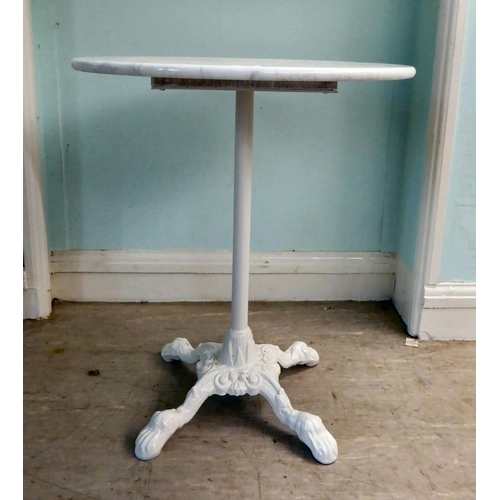 28 - A Victorian style, white painted, cast iron, pub style table with a marble top  28