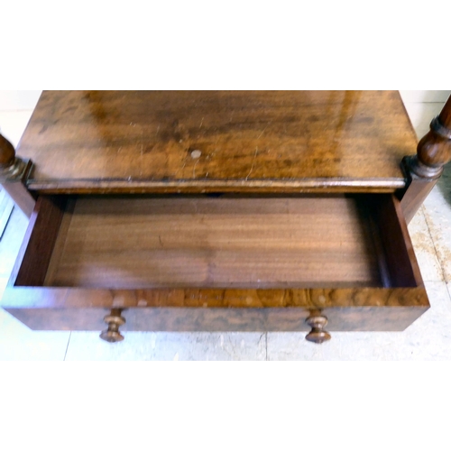 319 - An early 20thC walnut and mahogany three tier, single drawer what-not, raised on turned, pillar supp... 