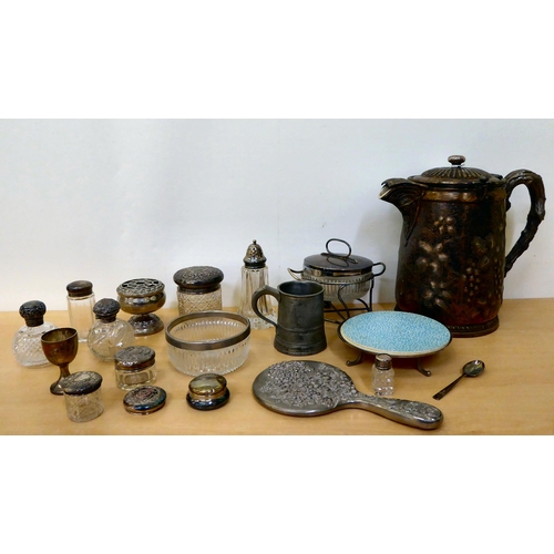 338 - Silver capped dressing table items  mixed marks; and other metal: to include an EPNS jug