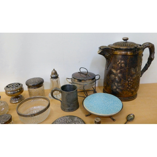 338 - Silver capped dressing table items  mixed marks; and other metal: to include an EPNS jug