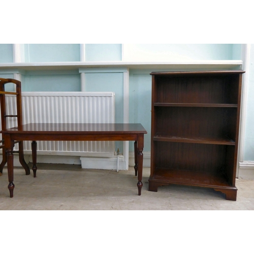 36 - Small reproduction furniture: to include a mahogany open front bookcase, raised on bracket feet ... 