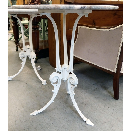 6 - A Victorian style white painted, cast iron pub style table with a marble top  29