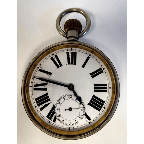 65 - A nickel plated, brass Goliath pocket watch, faced by a Roman dial with subsidiary seconds