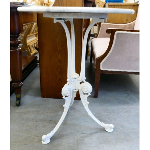 7 - A Victorian style white painted, cast iron pub style table with a marble top  28