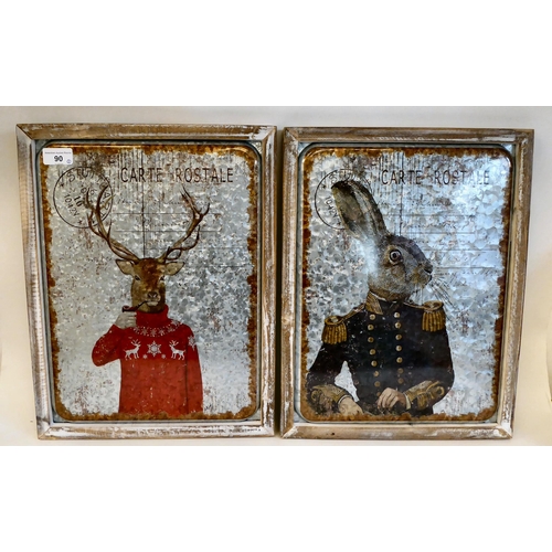 90 - Two printed metal plaques, depicting anthropomorphised animals, one a reindeer and a hare  each 15.5... 