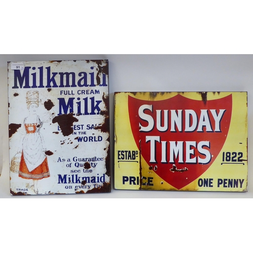 91 - Three printed metal reproductions of advertising signs, viz. 'Milk Maid', 'Notice No Smoking' and 'S... 