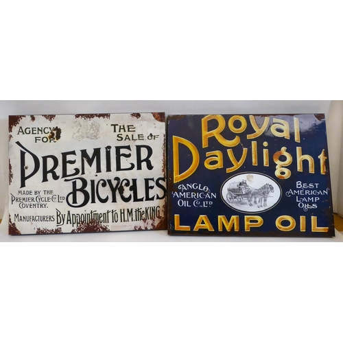 97 - Three printed metal reproductions of advertising signs, viz. 'Royal Daylight', 'Premier Bicycles' an... 