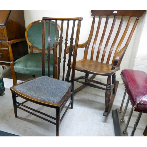 227 - A late Victorian country made, beech and oak, high lath back, open arm chair, the solid seat raised ... 