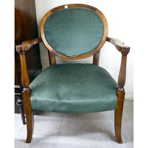 227 - A late Victorian country made, beech and oak, high lath back, open arm chair, the solid seat raised ... 