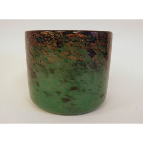 47 - A Moncrieff Monart glass vase with straight sides, decorated in opaque green with splashes of black ... 