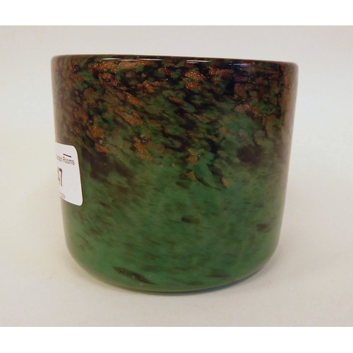 47 - A Moncrieff Monart glass vase with straight sides, decorated in opaque green with splashes of black ... 