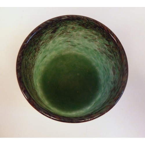 47 - A Moncrieff Monart glass vase with straight sides, decorated in opaque green with splashes of black ... 