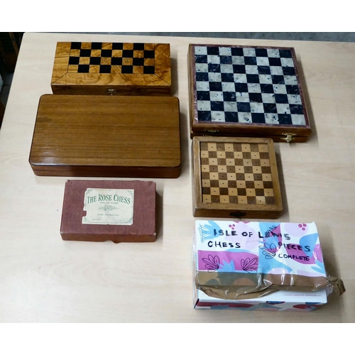 110 - Six chess sets: to include 'The Rose Chess' diecast lead example  boxed