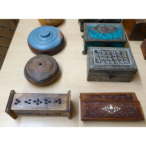 125 - Wooden boxes and metal tins: to include a teak example with a hinged lid  8