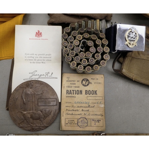 13 - Military collectables and ephemera: to include a Great War bronze memorial plaque for one Arthur Sam... 