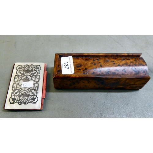 137 - A mixed lot: to include a late Victorian, silver inlaid mother-of-pearl notebook holder  4