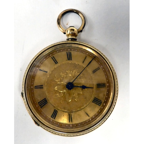 144 - An 18ct gold cased fob watch, faced by a Roman dial