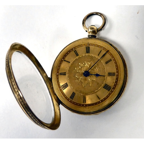 144 - An 18ct gold cased fob watch, faced by a Roman dial