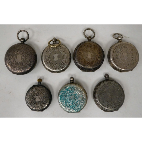 152 - Seven silver/white metal cased fob watches, all faced by Roman dials  mixed marks