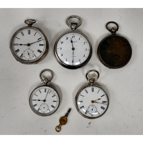 162 - Five silver/white metal cased pocket watches, four with Roman, one with an Arabic dial  mixed m... 