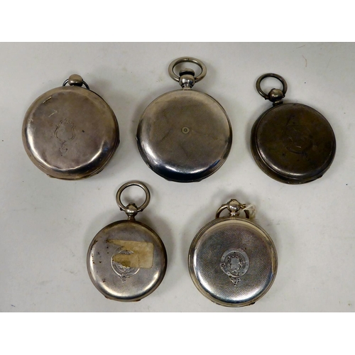 162 - Five silver/white metal cased pocket watches, four with Roman, one with an Arabic dial  mixed m... 